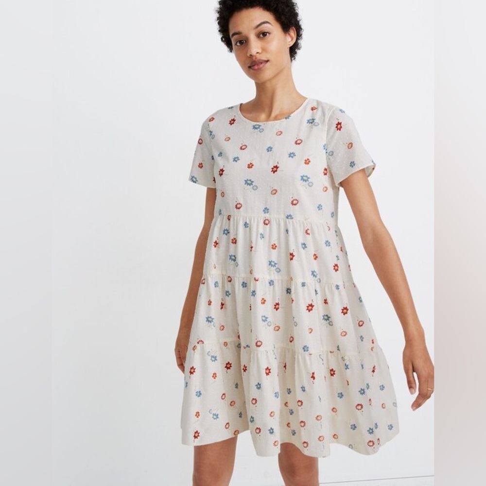 Madewell Cream Dress with Red and Blue Floral Pattern